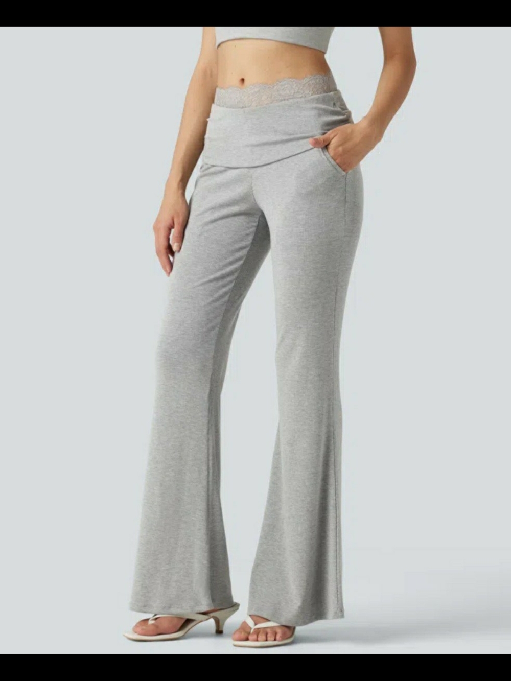 HALARA Fog Gray, Wide Leg, Ribbed Knit Pants with Lace Waistband & Pockets